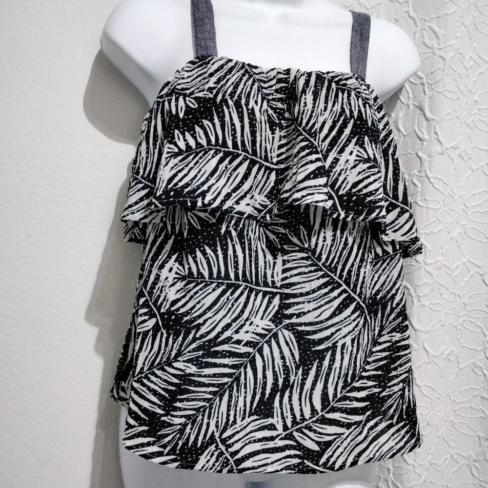 THML Women top Sleeveless Ruffles Summer Size XS White Navy Lightweight Relax 04